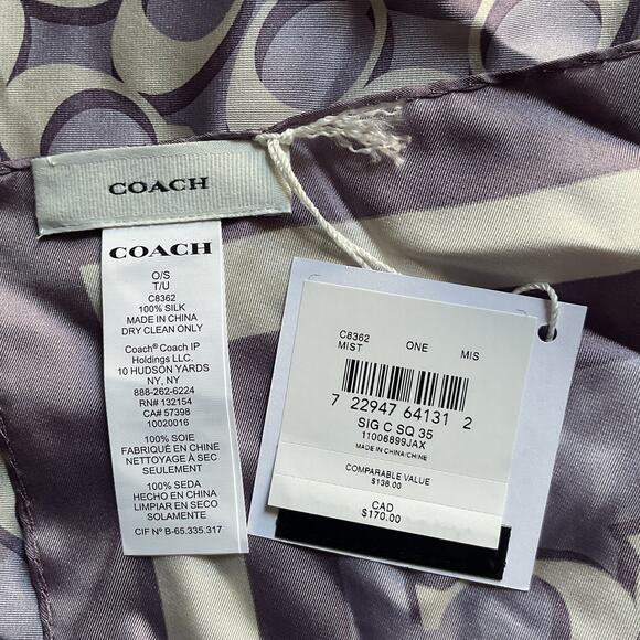 Coach Signature Silk Scarf Lavender Mist Gray 35” Square - Picture 5 of 6